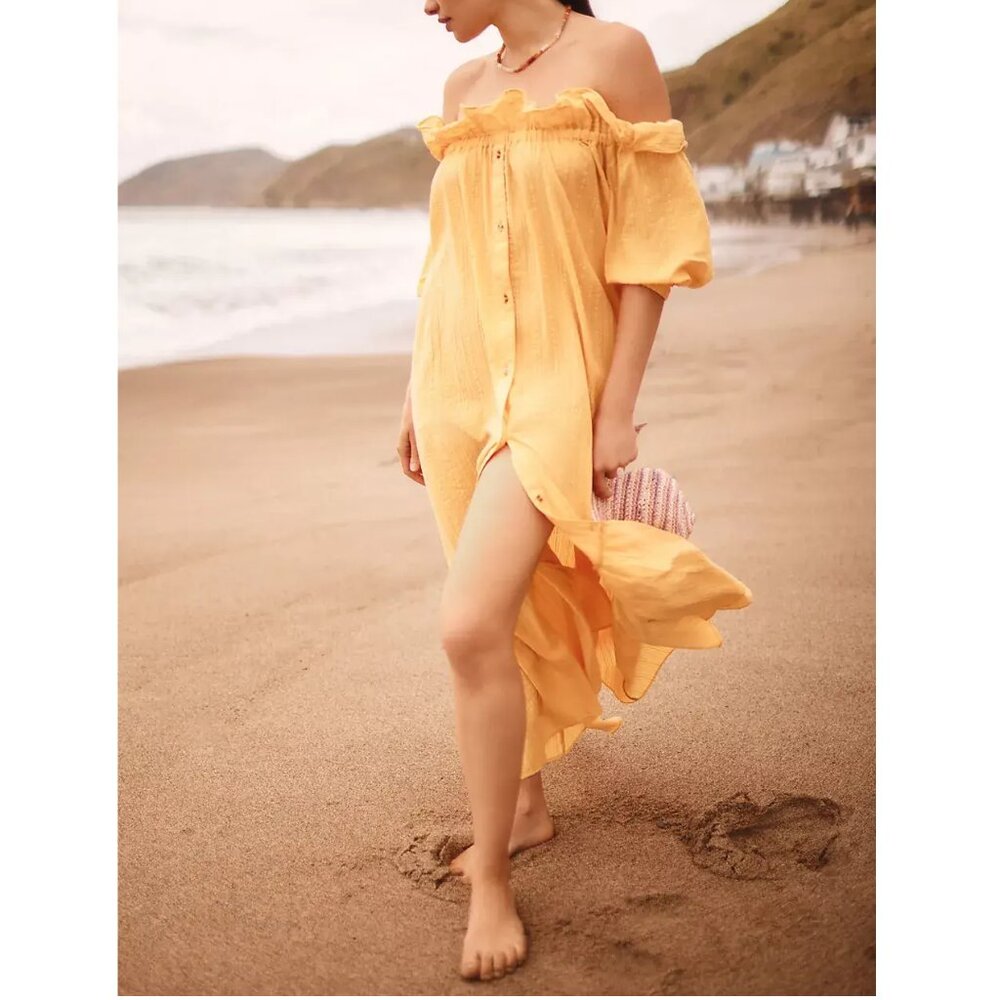 By Anthropologie Ruffle Off-The-Shoulder Gauze Dress Sunflower Orange Medium